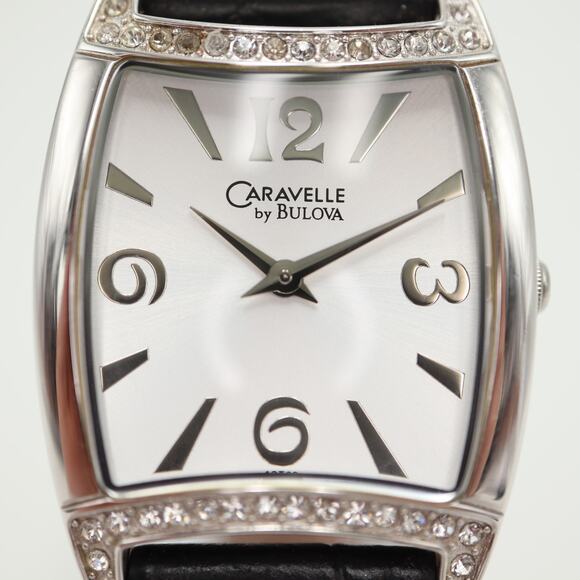 Caravelle by Bulova Silver Tone Watch 27mm Barrel Black Leather w New Battery - Picture 5 of 16